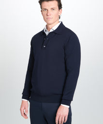 Navy Merino Wool Long Sleeve Polo Shirt