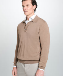 Camel Merino Wool Long Sleeve Polo Shirt