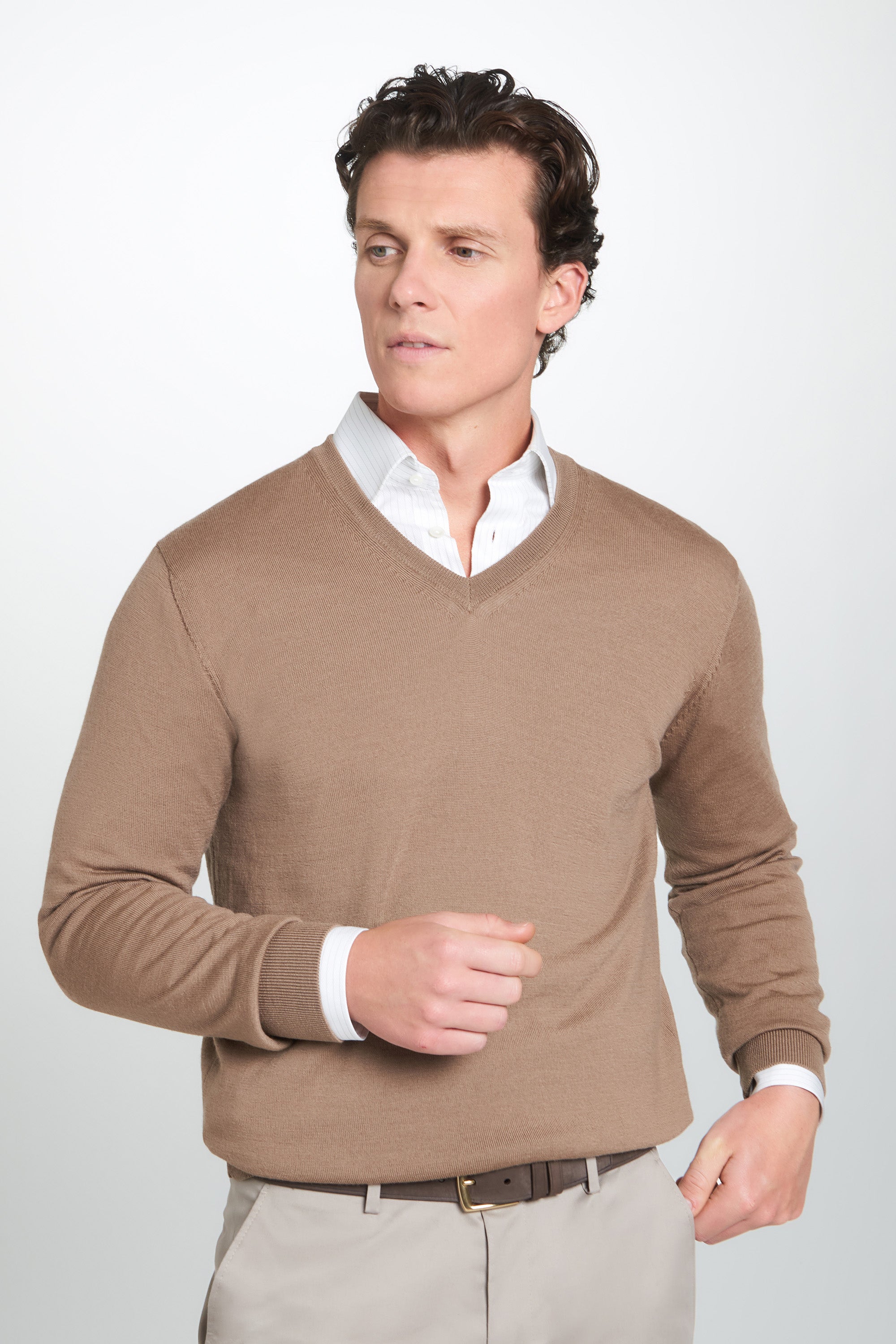 Camel Merino Wool V-Neck Sweater