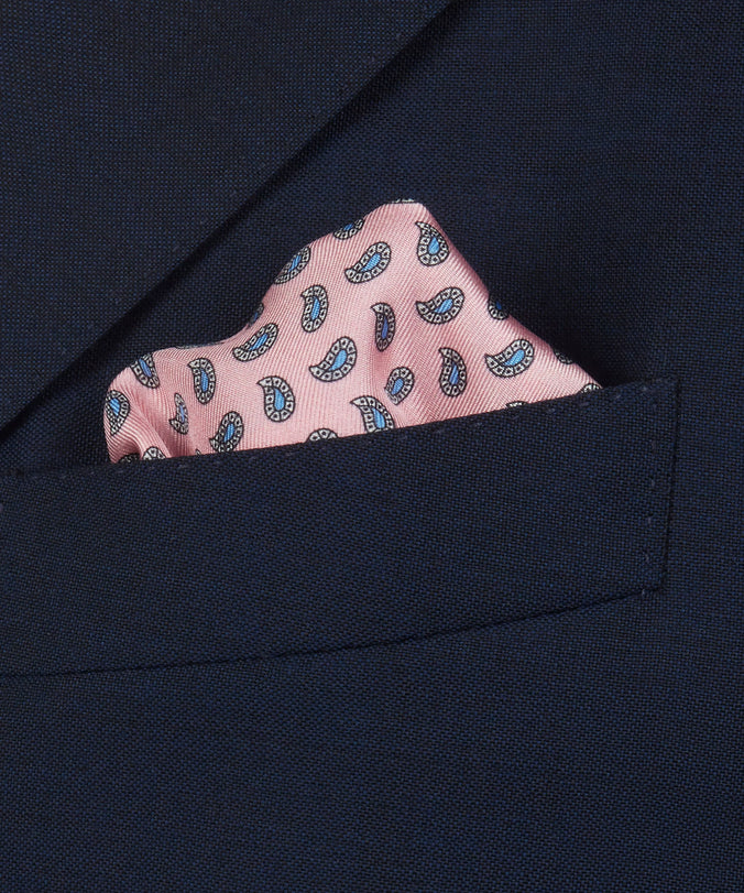 Pale Pink & Blue Small Paisley Motif Silk Printed Pocket Square