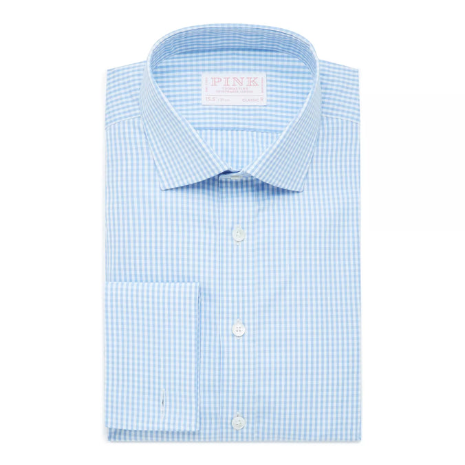 Pale Blue & White Classic Fit Double Cuff Core Poplin Gingham Formal Shirt