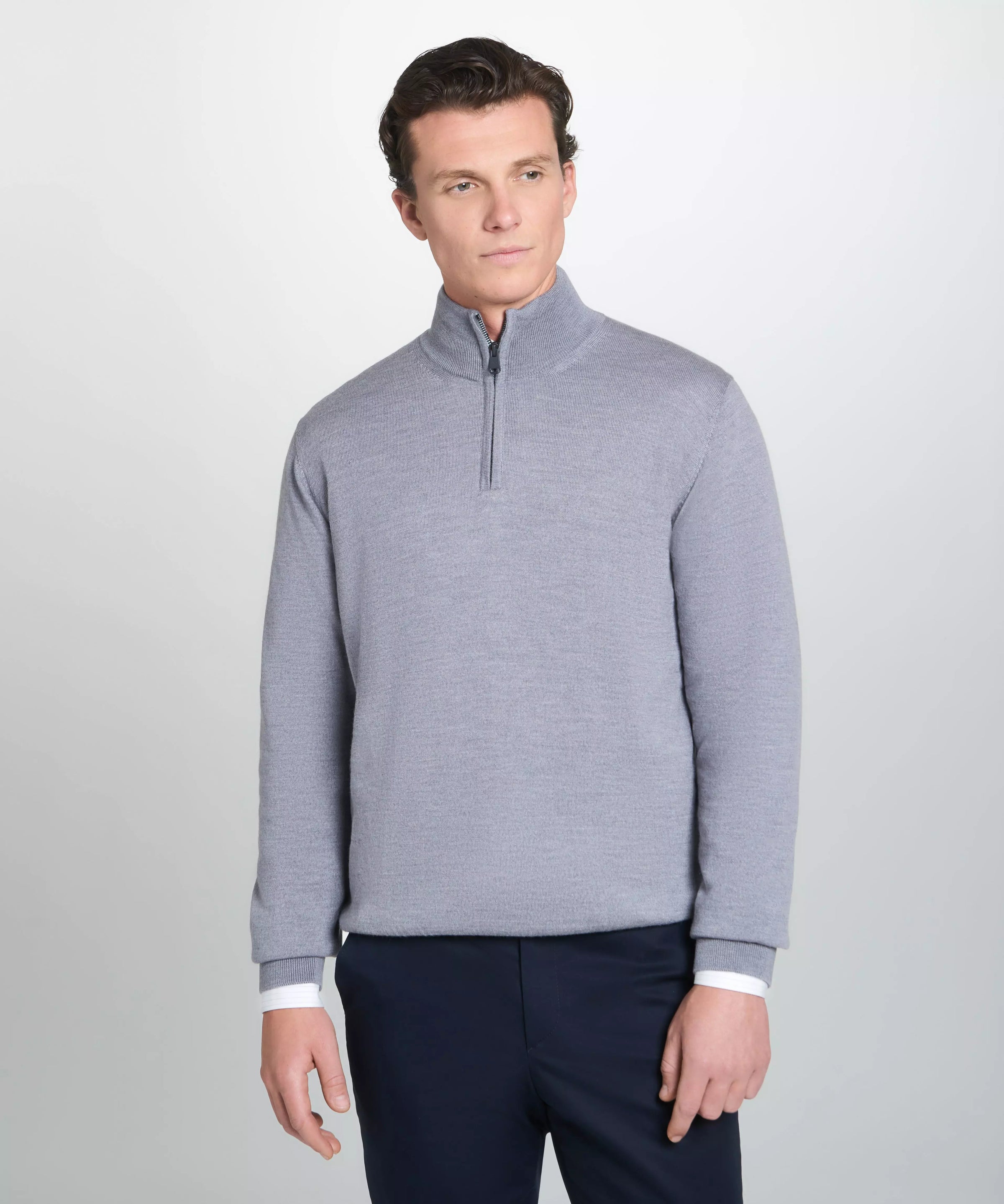 Pale Grey Merino Wool Zip Neck Sweater
