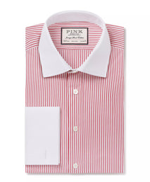 Red & White Tailored Fit Double Cuff Poplin Stripe Formal Shirt