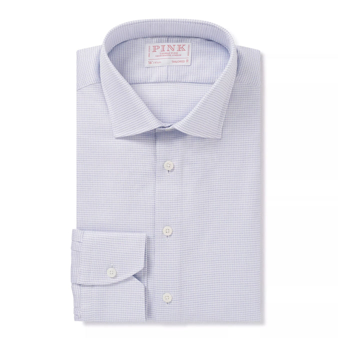 Pale Blue & White Tailored Fit Micro Textured Check Formal Shirt