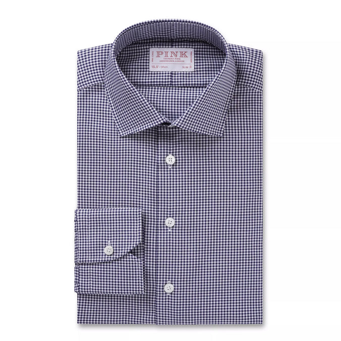Navy & White Slim Fit Micro Gingham Check Formal Shirt